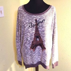 Jessica Simpson Sweater with Bonjour & Eifel Tower on front, Size Junior Plus 1X